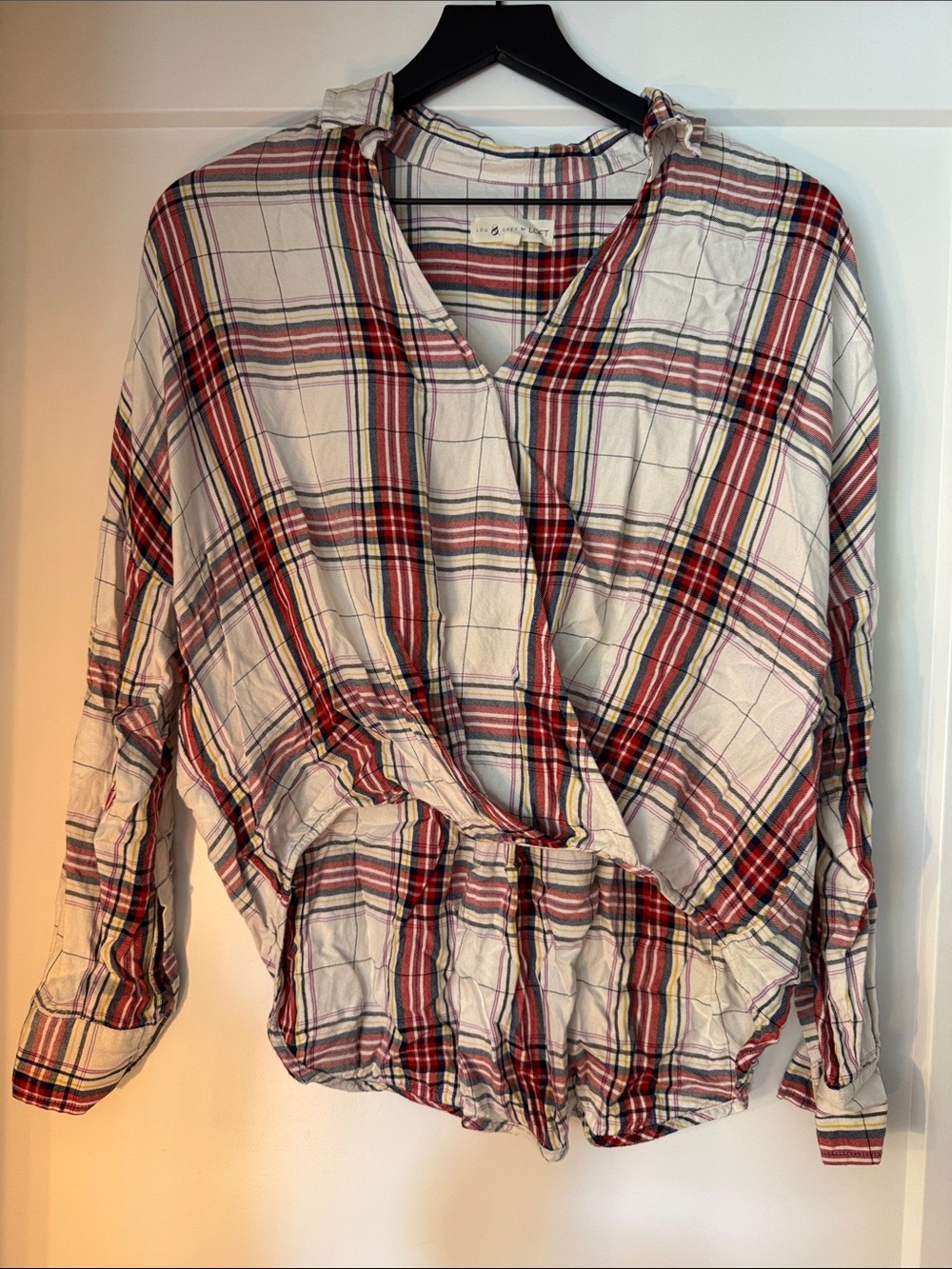 Women’s Plaid Wrap Button-Down Top in Red and Cream - Casual Shirt